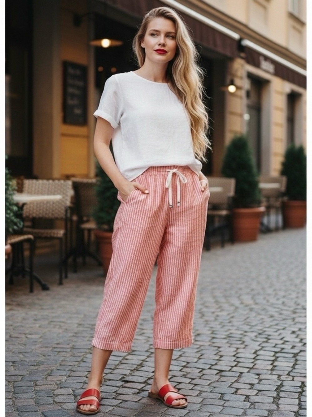 BeachLunchLounge • Margo Red & White Striped Linen Blend Capri Pants Size Large